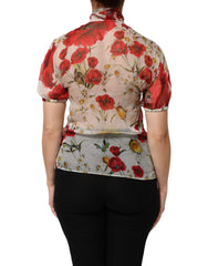 White Floral Tie-Neck Poppy Print Blouse Top