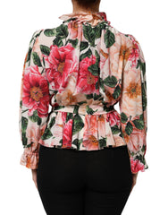 Pink Floral Printed Silk Ruffled Blouse Top
