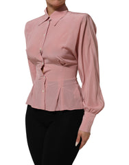 Pink Silk Collared Long Sleeves Blouse Top
