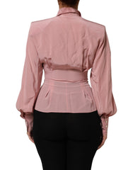 Pink Silk Collared Long Sleeves Blouse Top