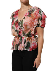 Pink Camellias Printed Silk V-neck Blouse Top