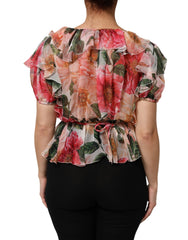 Pink Camellias Printed Silk V-neck Blouse Top