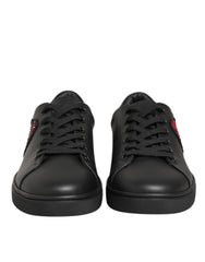 Black Leather Crystal Heart Sneakers Shoes