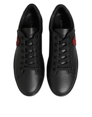 Black Leather Crystal Heart Sneakers Shoes