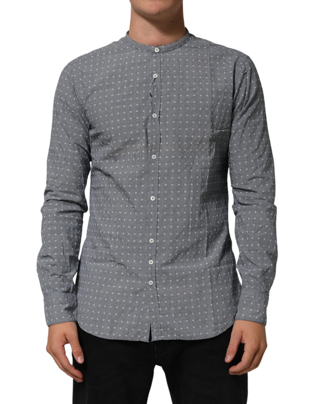 Gray Polka Dot Cotton Button Down Long Sleeves Shirt