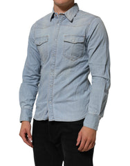 Blue Denim Collared Long Sleeve Men Shirt
