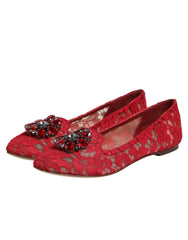 Red Lace Crystal Ballet Flats Loafers Shoes