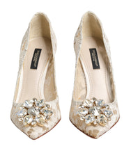 White Taormina Lace Crystal Heel Pumps Shoes