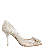 White Taormina Lace Crystal Heel Pumps Shoes