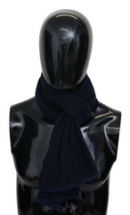 Dark Blue Wool Unisex Neck Wrap Fringes Logo Scarf