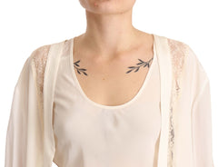 Off White Tank Lace Trim Cardigan Women Blouse Tops