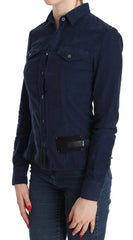 قميص قطني أزرق طويل الأكمام من القطيفة