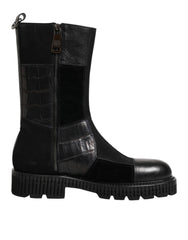 Black Patchwork Leather Mid Calf Boot  Shoes