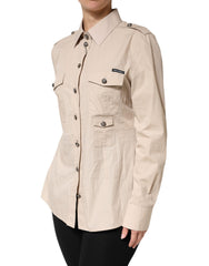 قميص قطني طويل الأكمام بياقة باللون البيج