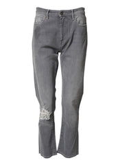 Gray Tattered Mid Waist Men Straight Denim Trouser Jeans