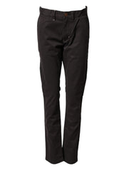 Dark Brown Cotton Stretch Straight Mid Waist Trouser Pants