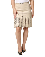 Beige Leather Studs Mid Waist Mini Skirt