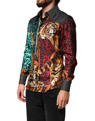 Multicolor Tiger Leopard Print Silk Men Shirt