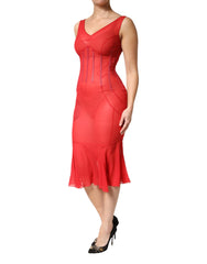 Red Silk Sleeveless Sheath V-neck Midi Dress