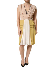 Multicolor Silk Deep V-neck Sleeveless Knee Length Dress