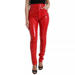 Shiny Red High Waist Skinny Trouser Pants