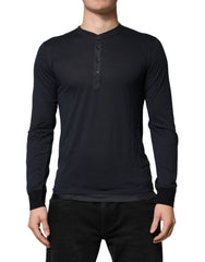 Dark Blue Cotton Henley Long Sleeves T-Shirt