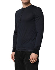 Dark Blue Cotton Henley Long Sleeves T-Shirt