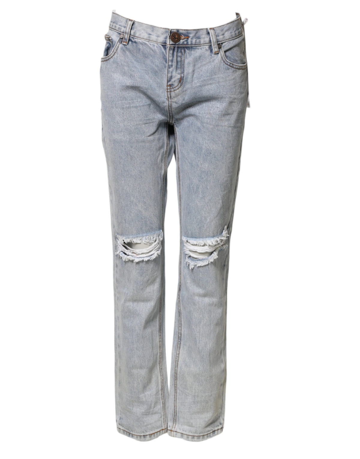 Light Blue Tattered Mid Waist Straight Denim Jeans