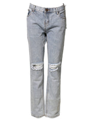 Light Blue Tattered Mid Waist Straight Denim Jeans