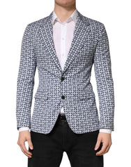 Blue Cotton Patterned Single Breasted Blazer