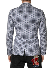 Blue Cotton Patterned Single Breasted Blazer