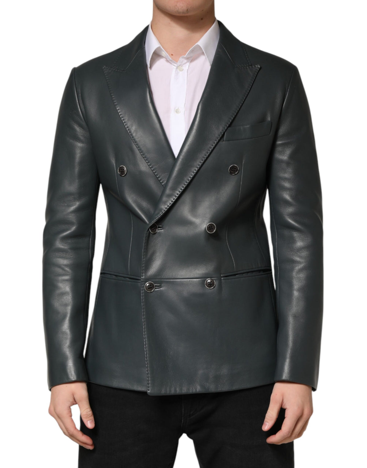 Black Leather Double Breasted 2Button Blazer