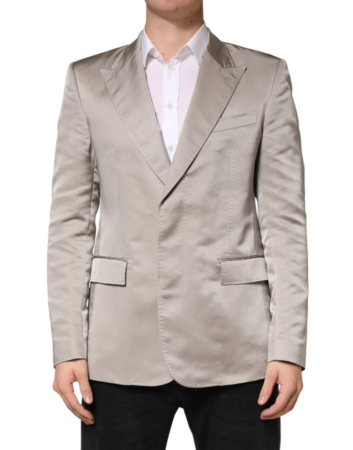 Beige Silk Single Breasted Jacket Men Blazer