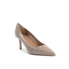 Beige Leather Mid Heel Pumps