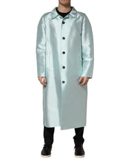 Teal Satin Collared Long Trench Coat Jacket