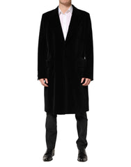 Black Cotton Velvet Long Trench Coat Jacket