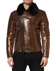 Bronze Leather Fur Full Zip Men Biker Jacket
