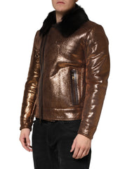 Bronze Leather Fur Full Zip Men Biker Jacket