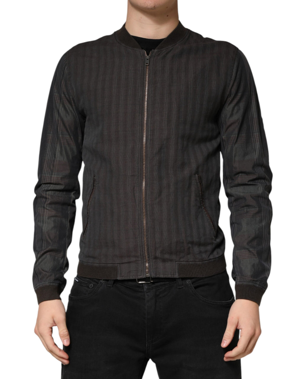Black Stripes Cotton Full Zip Bomber Jacket