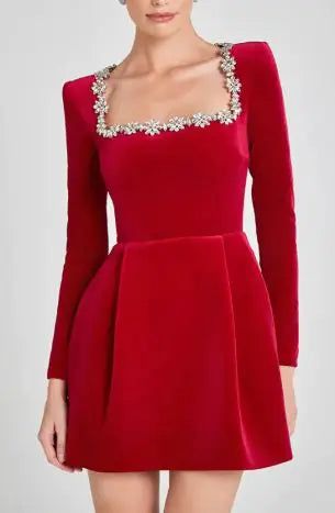 Elegant Square Collar Rhinestone Dress