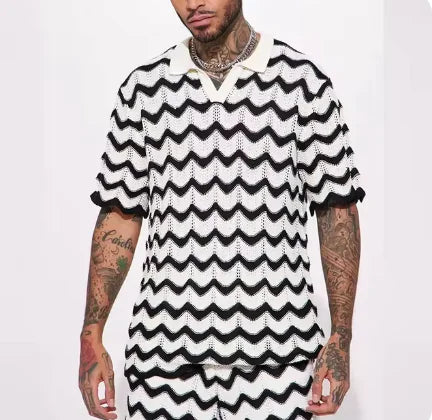 Men's Summer Knit Print Shirt & Shorts Set