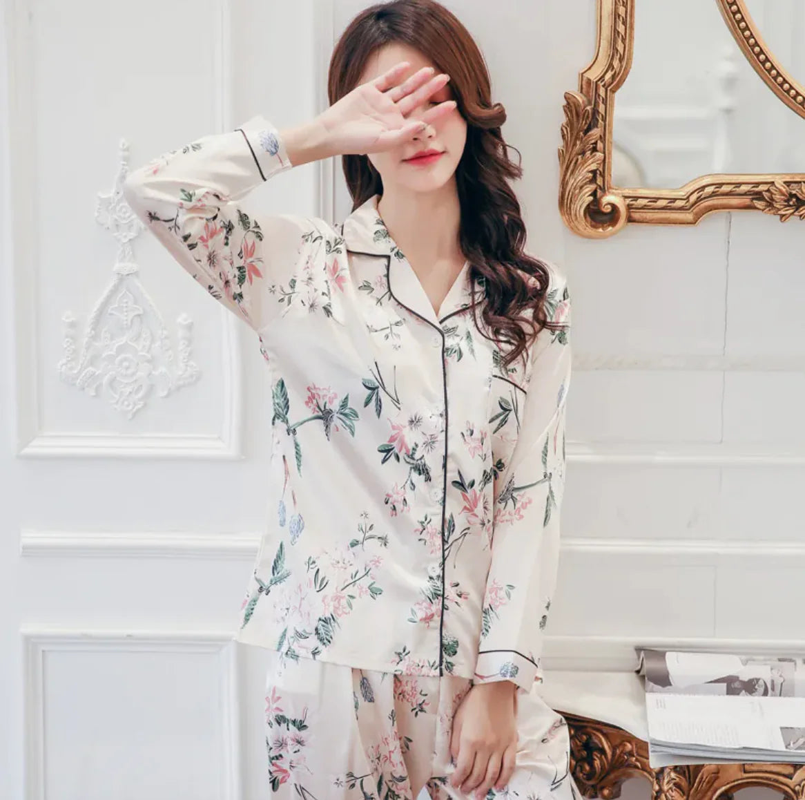 Women's Short Sleeve Silk-Feel Lapel Cardigan Loungewear Set