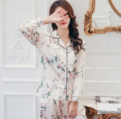 Women's Short Sleeve Silk-Feel Lapel Cardigan Loungewear Set