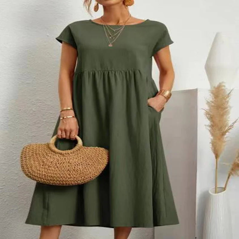 European & American Style Sleeveless Cotton Linen Pocket Dress