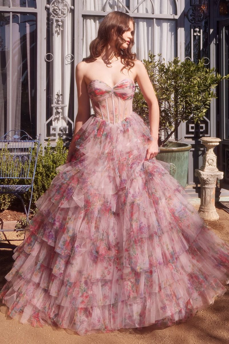 Print Ruffle Corset Gown-0