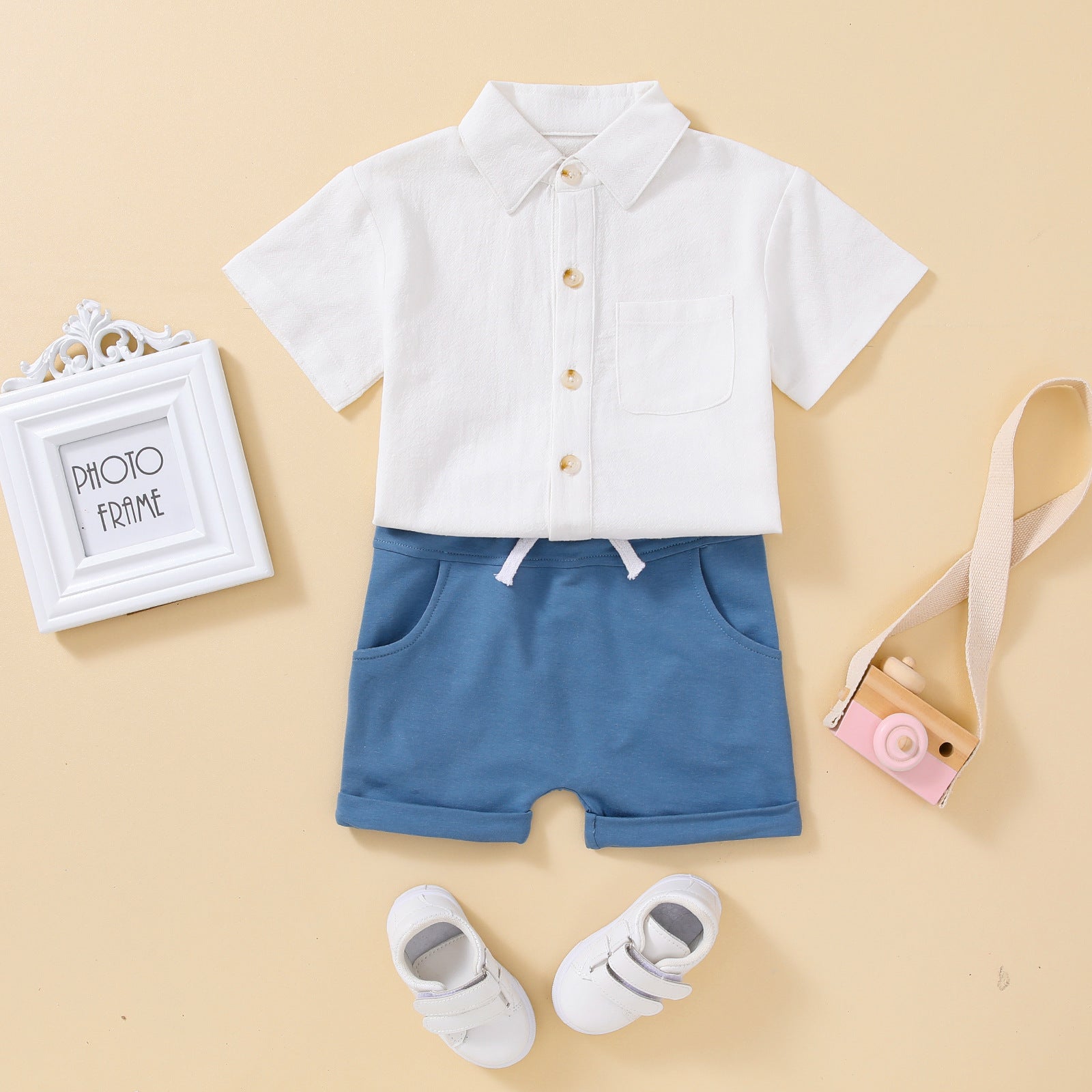 Boy's Short-sleeved Shirt Top Solid Color Shorts Two-piece Suit