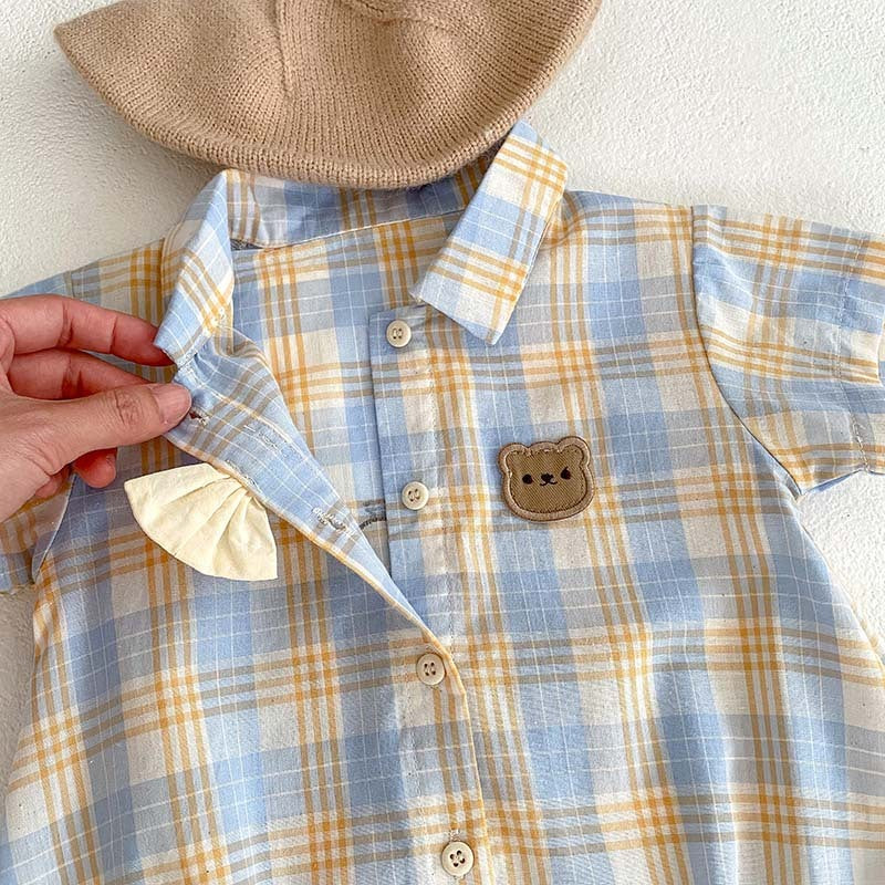 Baby Short Sleeve Two-piece Thin Bear Plaid Romper Climbing Clothing