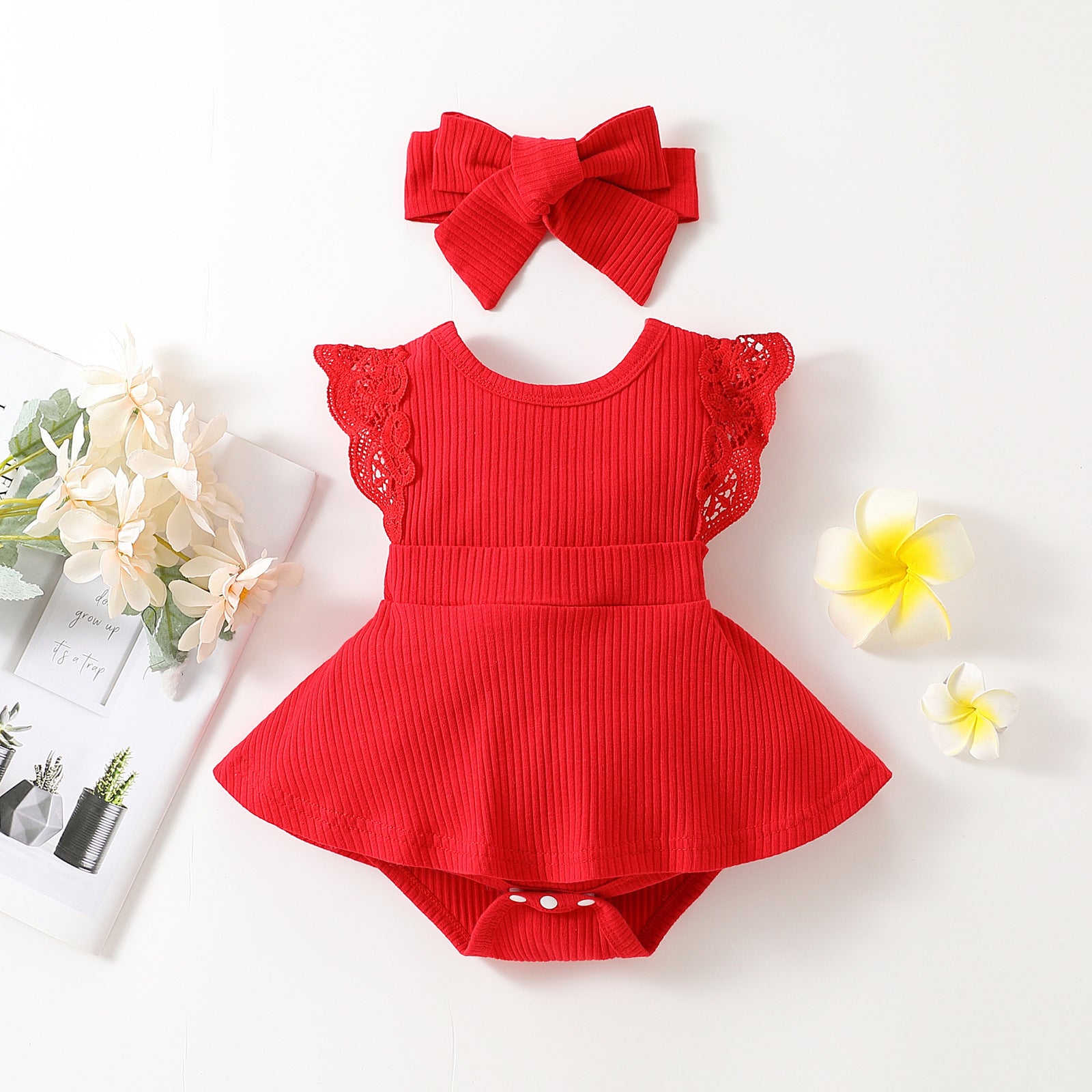 Sleeveless Small Floral Baby Girl Triangle Romper With Headgear