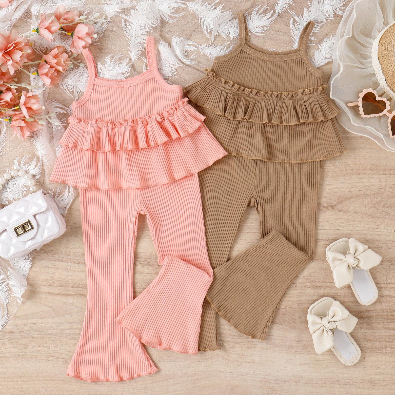 Children's Clothing Springsummer Young And Little Girls Sling Lace-collared Blouse Horn Sunken Stripe Trousers Two-piece Suit