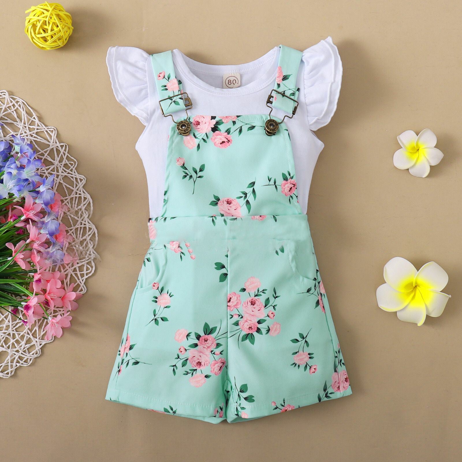 Short Sleeve Flounced Sleeve T-shirt Floral Suspender Pants Suit